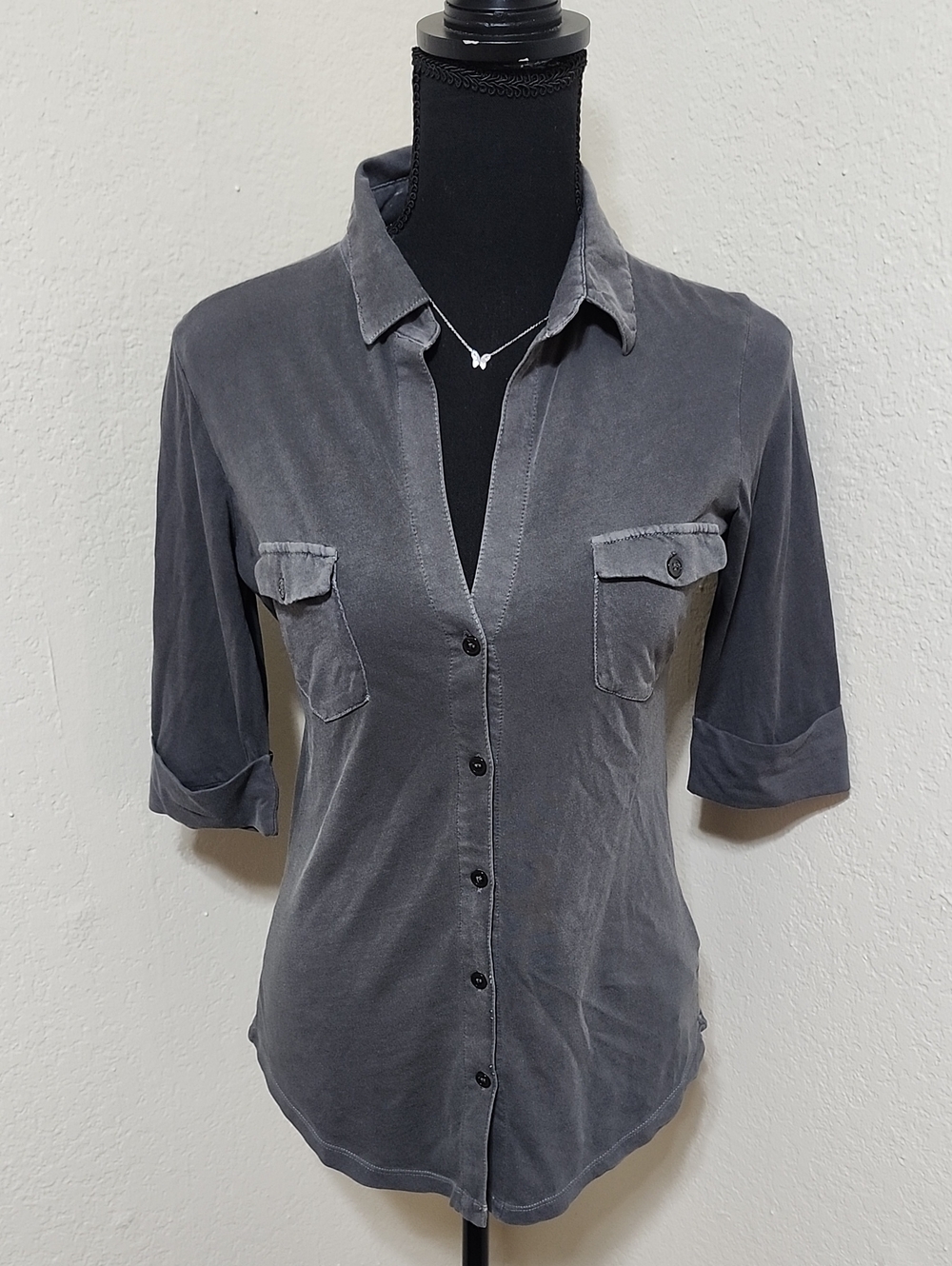 Majestic Filatures Paris Soft-Touch Grey Elbow-Sleeve Button-Down Shirt - Size 1
